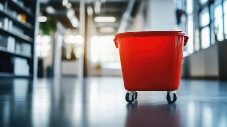 A vibrant red waste bin with wheels stands in a contemporary office setting, highlighting themes of cleanliness and organization amidst a modern interior design.の素材