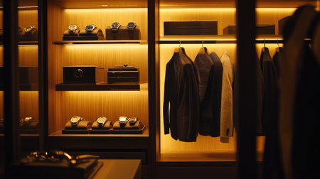 This image showcases a luxurious wardrobe with elegant watches and tailored suits, illuminated by warm lighting, reflecting sophistication and refined style in interior design.の素材