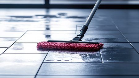 A close-up view of a wet cleaning process using a microfiber mop on dark tiles, emphasizing cleanliness and maintenance in everyday household environments.の素材