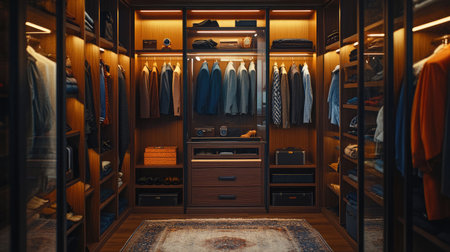 Beautifully arranged modern closet featuring warm wooden tones, soft ambient lighting, and a stylish selection of neatly displayed clothing and accessories, perfect for luxury living.の素材
