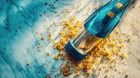 A vibrant blue handheld vacuum cleaner rests on a marble surface surrounded by crumbs, illustrating modern cleaning efficiency for homes and offices.の素材
