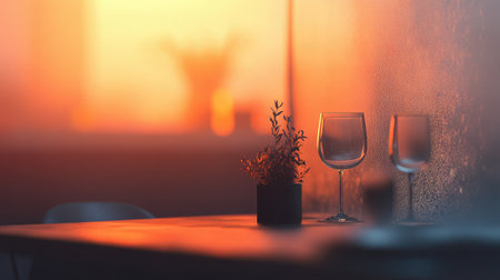 This serene image captures a cozy evening atmosphere with two glasses on a table, a plant, and soft light from a sunset, evoking a sense of relaxation and intimacy.の素材