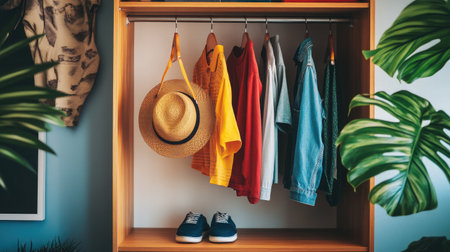 A vibrant wardrobe scene showcasing a variety of colorful shirts, a straw hat, and stylish shoes, set against lush greenery for a fresh, inviting home atmosphere.の素材