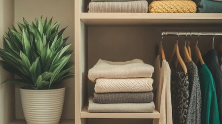 A beautifully organized closet featuring soft textiles and a decorative plant, ideal for showcasing a cozy and stylish home interior that promotes tranquility and comfort.の素材