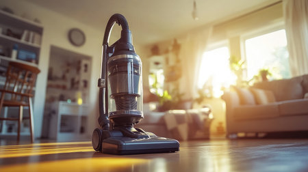 A sleek vacuum cleaner stands on a hardwood floor in a sunlit living room, creating a warm and inviting atmosphere perfect for home cleaning and organization.の素材