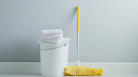 A refreshing image of cleaning essentials featuring white towels stacked in a bucket and a bright yellow broom against a soft gray wall, ideal for clean and minimalist spaces.の素材