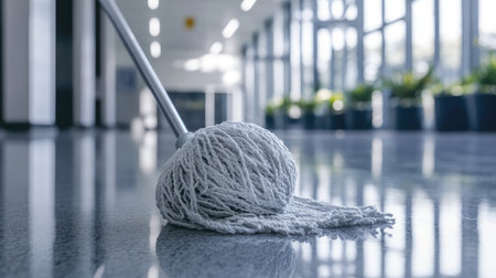 This image showcases a mop resting on a polished floor in a modern office, with natural light streaming through large windows and potted plants in view, emphasizing cleanliness.の素材