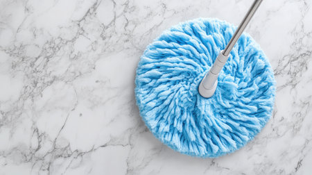 Bright blue mop head resting on a stylish marble surface, showcasing its soft texture and suitability for effective cleaning in various home environments.の素材