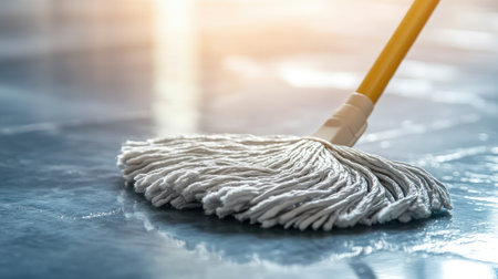 A detailed close-up of a mop on a shiny floor, showcasing the cleaning process with reflections and light. Perfect for themes of hygiene and maintenance in various spaces.の素材