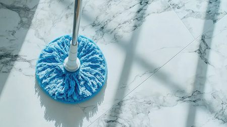 A stunning close-up of a blue mop resting on a shiny marble floor, beautifully illuminated by sunlight, showcasing the importance of cleanliness and home care.の素材