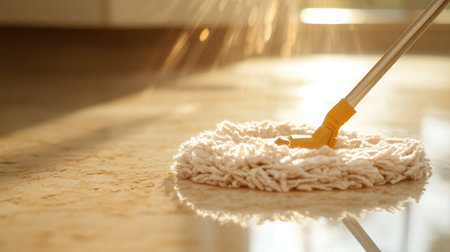 A vibrant close-up image of a mop cleaning a shiny floor in a bright room, highlighting cleaning tools and techniques for maintaining a spotless home environment.の素材