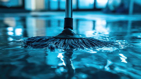 A close-up view of a mop in water, demonstrating a cleaning action in a bright indoor space. The scene emphasizes sanitation and maintenance in various environments.の素材