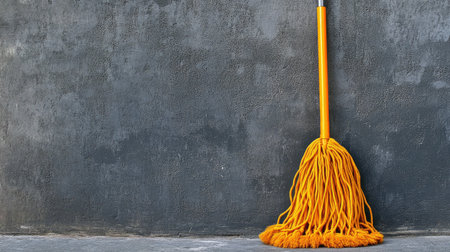 A vibrant orange mop stands against a dark textured wall, symbolizing cleanliness and maintenance. Ideal for highlighting cleaning tools in residential or commercial settings.の素材