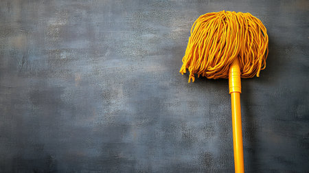 Vibrant yellow mop stands upright with long yarn strands against a dark textured background, ideal for cleaning themes and home maintenance projects.の素材