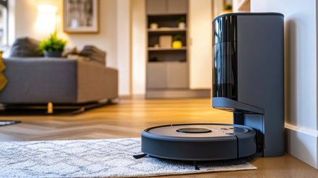 A sleek robotic vacuum cleaner station positioned in a contemporary living room, emphasizing modern home cleaning technology and stylish interior design elements.の素材
