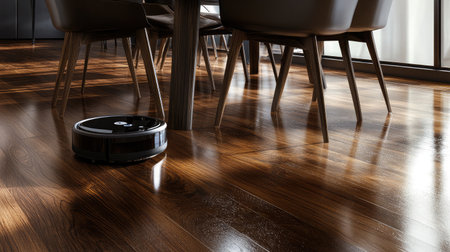 A sleek robotic vacuum navigates a stylish wooden floor in a modern dining room, showcasing the harmony of technology and everyday living in a bright setting.の素材