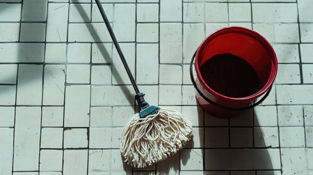 A mop and bucket positioned on a tiled floor, illuminated by natural light, showcasing a clean and organized environment perfect for domestic chores.の素材