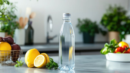 A clear water bottle with fresh lemons on a kitchen counter, surrounded by vibrant vegetables and herbs, promoting a healthy lifestyle and culinary creativity in a modern setting.の素材