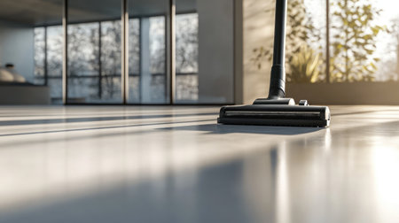 A vacuum cleaner rests on a gleaming floor in a sunlit modern interior, showcasing a serene and minimalist environment ideal for promoting cleanliness and order.の素材