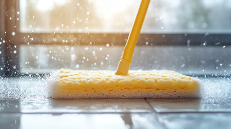 A vibrant scene showcasing a yellow sponge mop cleaning a window, with water droplets sparkling in the sunlight. Perfect for home cleaning and hygiene themes.の素材