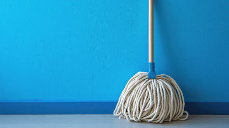 A simple yet striking image of a cleaning mop leaning against a vibrant blue wall, representing cleanliness and effective maintenance in contemporary living spaces.の素材