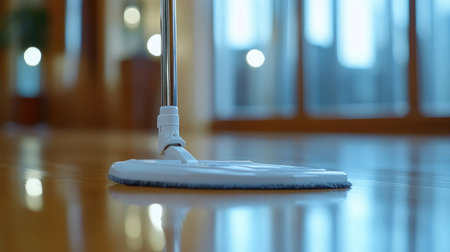 A close-up of a microfiber mop on a gleaming wooden floor, capturing the essence of cleanliness and maintenance in a bright, modern interior space.の素材