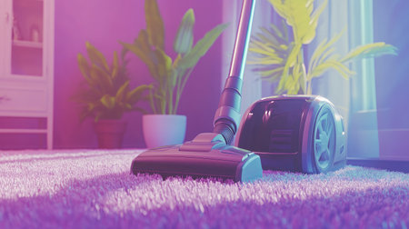 A sleek vacuum cleaner rests on a plush purple carpet, highlighting its modern design while lush green plants add a refreshing touch to this inviting home space.の素材