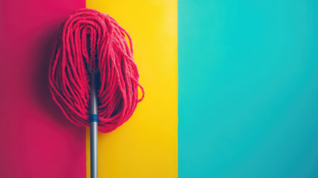 A bright and modern cleaning mop stands out against a vibrant background of red, yellow, and aqua, symbolizing freshness and effective home maintenance.の素材