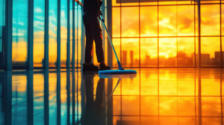 A cleaning professional performs their duties in a modern office building, mopping a shiny floor while a breathtaking sunset casts vibrant reflections on the glass surface.の素材