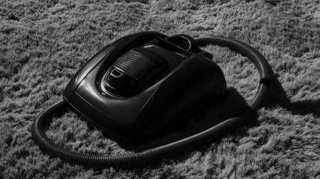 A modern black vacuum cleaner positioned on a plush carpet, highlighting its sleek design and functionality for efficient household cleaning. Ideal for minimalist decor.の素材