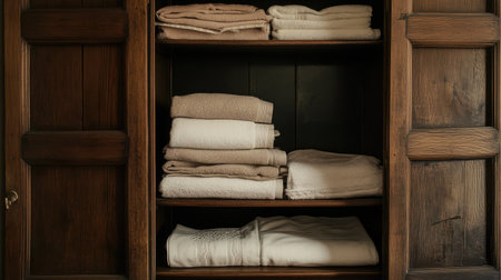 A beautifully organized wooden linen closet showcasing soft, neatly arranged towels in natural colors, enhancing the warmth and comfort of any living space. Perfect for home decor inspiration.の素材