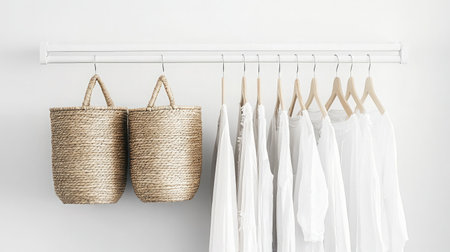 Beautifully organized closet with white garments and woven baskets creates a serene and minimalist ambiance suitable for modern interior design.の素材