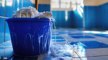 A blue bucket filled with soapy water and cleaning cloths sits in a bright room. Water spills onto the tiled floor, creating a reflective surface in the spacious environment.の素材