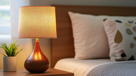 A warm and inviting bedroom scene featuring a stylish table lamp, soft bedding, and a touch of greenery, creating a cozy atmosphere for relaxation and comfort.の素材