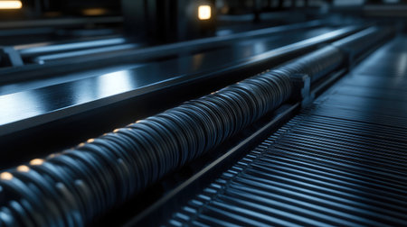 Explore the intricate details of industrial machinery, showcasing a close view of a metallic roller and engineered components ideal for technology and manufacturing themes.の素材