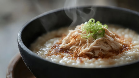 A steaming bowl of creamy porridge adorned with shredded chicken and fresh green onions, showcasing warmth and comfort, ideal for nurturing the body and spirit.の素材