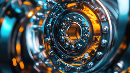 A stunning close-up of a metallic bearing surrounded by a vibrant orange light, showcasing the intricate details and precision of industrial engineering. Perfect for technology themes.の素材