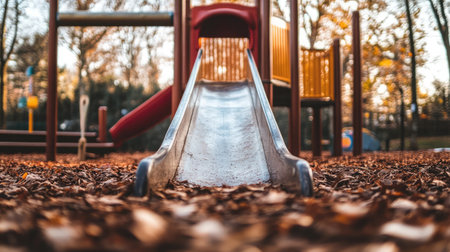 Experience the warmth of autumn at a playground's slide, kissed by sunlight and surrounded by fallen leaves, inviting joy and exploration in a serene outdoor space.の素材