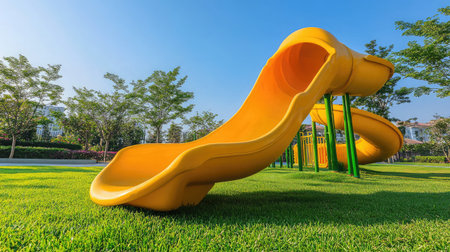 A bright yellow playground slide stands out against a clear blue sky and lush green grass, creating an inviting space for children's outdoor play and activities.の素材
