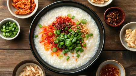 A beautifully crafted bowl of warm rice porridge topped with spicy chili oil and fresh green onions, inviting a cozy and nutritious meal. Perfect for breakfast or any time.の素材