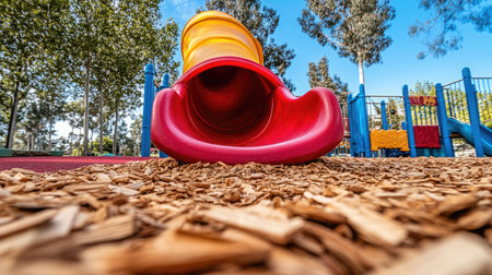 Bright red and yellow slides in a sunny park setting, surrounded by green trees and soft wood chips, create a joyful environment for children's outdoor play and exploration.の素材