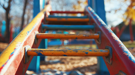 A vibrant close-up shot of a playground climbing frame highlighting worn steps amidst autumn scenery, inviting outdoor play and joyful childhood memories.の素材