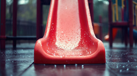 A vibrant red slide awaits children in a playground, glistening with raindrops on a rainy day, capturing the essence of outdoor play and joyful childhood memories.の素材