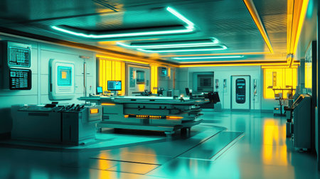 A stunning futuristic laboratory filled with neon lights and high-tech equipment, showcasing a modern workspace perfect for themes of science, technology, and innovation.の素材