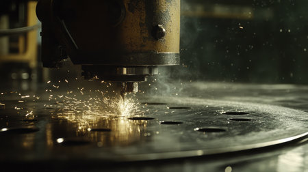 Dynamic close-up of a laser cutting machine at work, showcasing sparks and precision as it cuts through metal, highlighting the intricate details of industrial fabrication processes.の素材