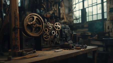 A beautifully detailed vintage workshop showcasing intricate machinery and gears bathed in dim light, representing the essence of industrial design and artisanal craftsmanship.の素材
