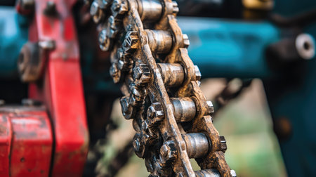 A detailed close-up image capturing a rusty metal chain adorned with bolts and gears, highlighting the mechanics involved in industrial machinery and its intricate design elements.の素材