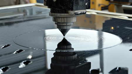 A high-tech laser cutting machine in action, creating intricate circular patterns on a sleek black surface, showcasing reflection and precision in an industrial environment.の素材