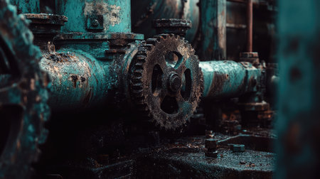 A close-up view of rusty gears and pipes in an abandoned industrial area, showcasing the intricate details of decay and natureの素材