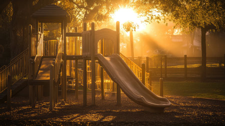 A tranquil playground captures the morning light, showcasing a slide and play equipment surrounded by trees, creating a perfect setting for fun and exploration.の素材